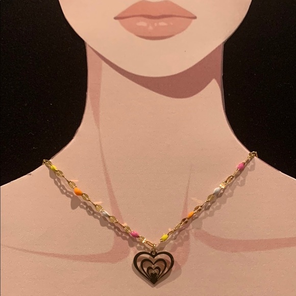 14k Gold Plated Heart Pendant Necklace with Multicolor Beads - Picture 1 of 3